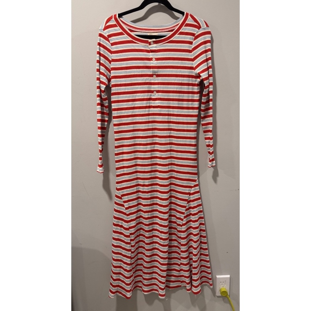 J.‎ Peterman Striped Maxi Dress Red Blue Stripe Long Sleeve Classic Modest Large